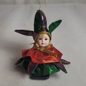 Vintage Porcelain Harlequin Jester Head Ornament Mardi Gras